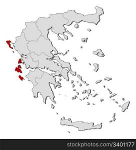 Map of Greece, Ionien Islands highlighted. Political map of Greece with the several states where the Ionien Islands are highlighted.
