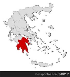 Map of Greece, Peloponnese highlighted. Political map of Greece with the several states where Peloponnece is highlighted.