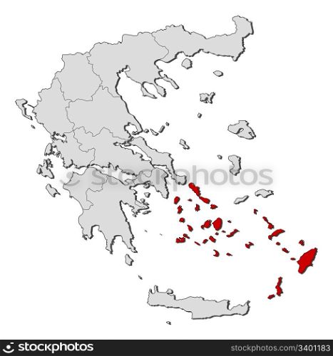 Map of Greece, South Aegean highlighted. Political map of Greece with the several states where South Aegean is highlighted.
