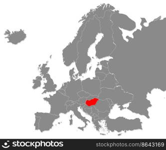 Map of Hungary highligted with red in Europe map. 3d rendering