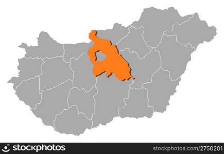 Map of Hungary, Pest highlighted. Political map of Hungary with the several counties where Pest is highlighted.