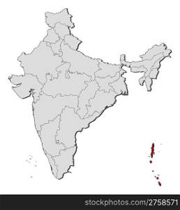 Map of India, Andaman and Nicobar Islands highlighted. Political map of India with the several states where Andaman and Nicobar Islands are highlighted.