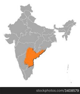 Map of India, Andhra Pradesh highlighted. Political map of India with the several states where Andhra Pradesh is highlighted.