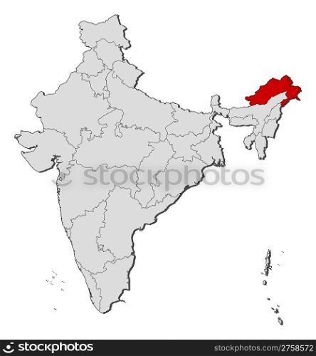 Map of India, Arunachal Pradesh highlighted. Political map of India with the several states where Arunachal Pradesh is highlighted.