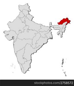 Map of India, Arunachal Pradesh highlighted. Political map of India with the several states where Arunachal Pradesh is highlighted.