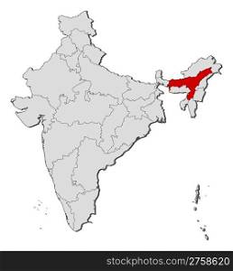 Map of India, Assam highlighted. Political map of India with the several states where Assam is highlighted.