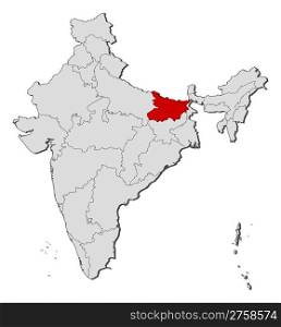 Map of India, Bihar highlighted. Political map of India with the several states where Bihar is highlighted.