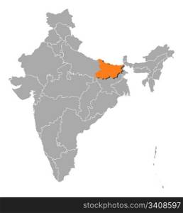 Map of India, Bihar highlighted. Political map of India with the several states where Bihar is highlighted.