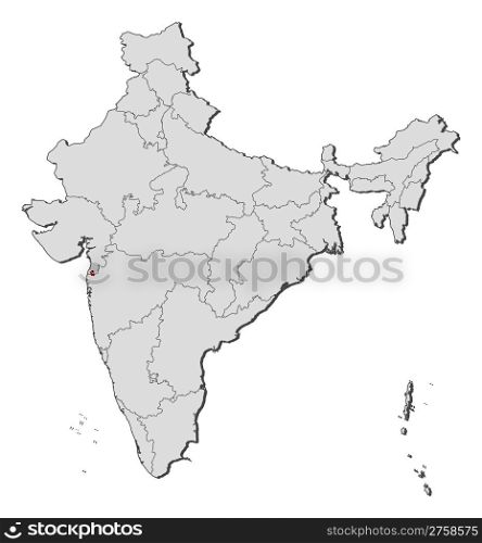 Map of India, Dadra and Nagar Haveli highlighted. Political map of India with the several states where Dadra and Nagar Haveli is highlighted.