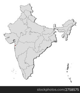 Map of India, Dadra and Nagar Haveli highlighted. Political map of India with the several states where Dadra and Nagar Haveli is highlighted.