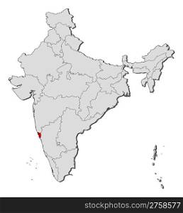 Map of India, Goa highlighted. Political map of India with the several states where Goa is highlighted.