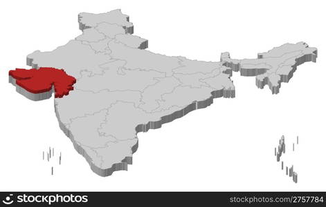 Map of India, Gujarat highlighted. Political map of India with the several states where Gujarat is highlighted.