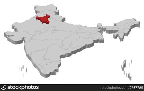 Map of India, Haryana highlighted. Political map of India with the several states where Haryana is highlighted.
