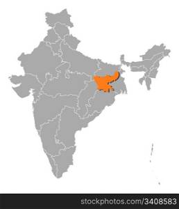 Map of India, Jharkhand highlighted. Political map of India with the several states where Jharkhand is highlighted.