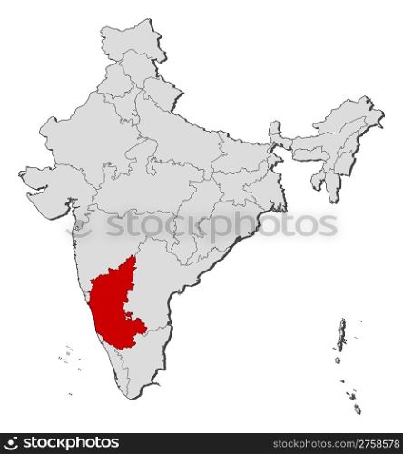 Map of India, Karnataka highlighted. Political map of India with the several states where Karnataka is highlighted.