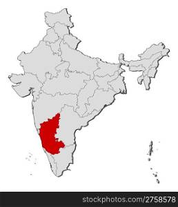 Map of India, Karnataka highlighted. Political map of India with the several states where Karnataka is highlighted.