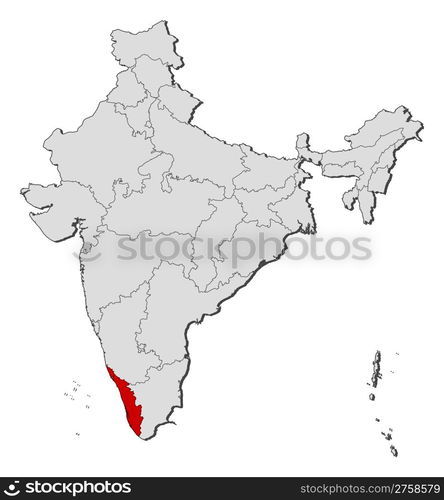 Map of India, Kerala highlighted. Political map of India with the several states where Kerala is highlighted.