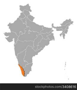 Map of India, Kerala highlighted. Political map of India with the several states where Kerala is highlighted.