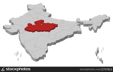 Map of India, Madhya Pradesh highlighted. Political map of India with the several states where Madhya Pradesh is highlighted.