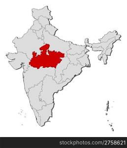 Map of India, Madhya Pradesh highlighted. Political map of India with the several states where Madhya Pradesh is highlighted.