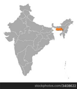 Map of India, Meghalaya highlighted. Political map of India with the several states where Meghalaya is highlighted.
