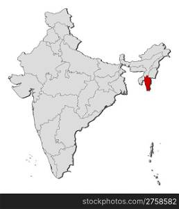 Map of India, Mizoram highlighted. Political map of India with the several states where Mizoram is highlighted.
