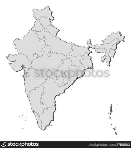 Map of India, Puducherry highlighted. Political map of India with the several states where Puducherry is highlighted.