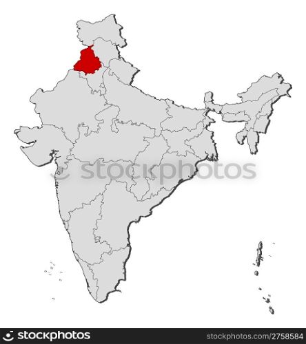 Map of India, Punjab highlighted. Political map of India with the several states where Punjab is highlighted.