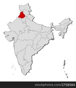 Map of India, Punjab highlighted. Political map of India with the several states where Punjab is highlighted.