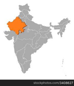 Map of India, Rajasthan highlighted. Political map of India with the several states where Rajasthan is highlighted.