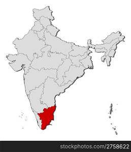Map of India, Tamil Nadu highlighted. Political map of India with the several states where Tamil Nadu is highlighted.