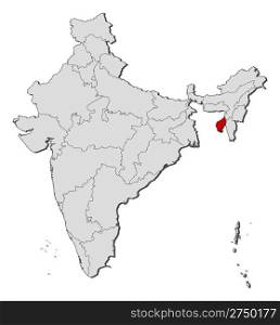 Map of India, Tripura highlighted. Political map of India with the several states where Tripura is highlighted.
