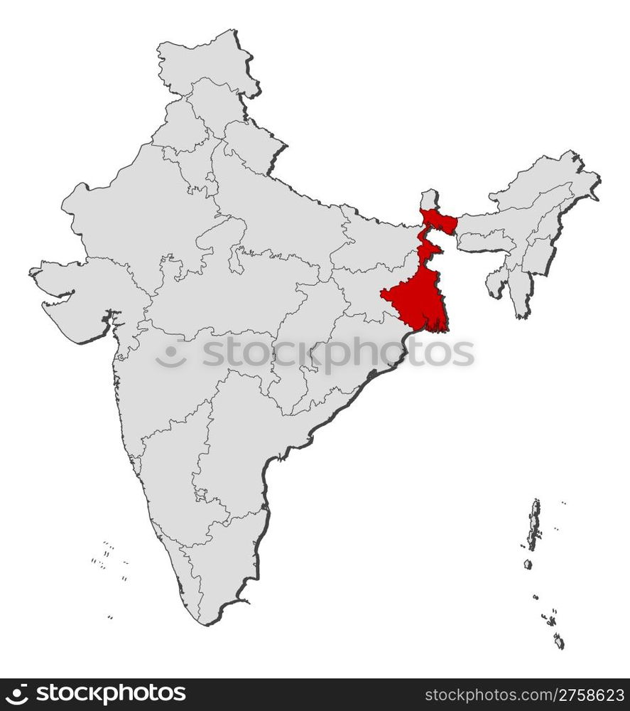 Map of India, West Bengal highlighted. Political map of India with the ...