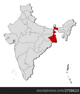 Map of India, West Bengal highlighted. Political map of India with the several states where West Bengal is highlighted.