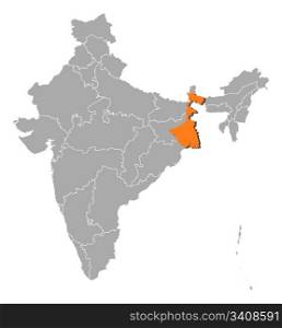 Map of India, West Bengal highlighted. Political map of India with the several states where West Bengal is highlighted.