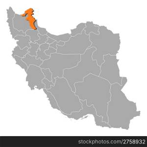 Map of Iran, Ardabil highlighted. Political map of Iran with the several provinces where Ardabil is highlighted.
