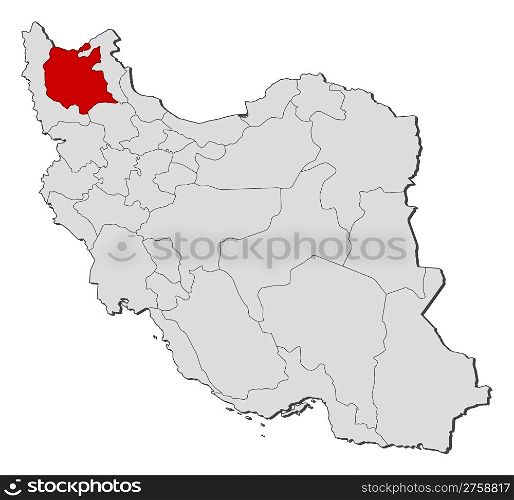 Map of Iran, East Azerbaijan highlighted. Political map of Iran with the several provinces where East Azerbaijan is highlighted.