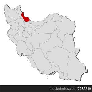 Map of Iran, Gilan highlighted. Political map of Iran with the several provinces where Gilan is highlighted.