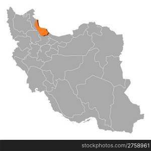 Map of Iran, Gilan highlighted. Political map of Iran with the several provinces where Gilan is highlighted.