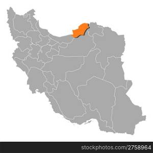 Map of Iran, Golestan highlighted. Political map of Iran with the several provinces where Golestan is highlighted.