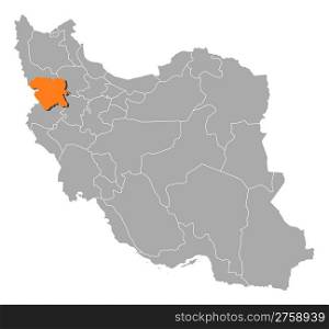 Map of Iran, Kurdistan highlighted. Political map of Iran with the several provinces where Kurdistan is highlighted.