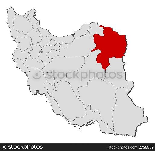 Map of Iran, Razavi Khorasan highlighted. Political map of Iran with the several provinces where Razavi Khorasan is highlighted.