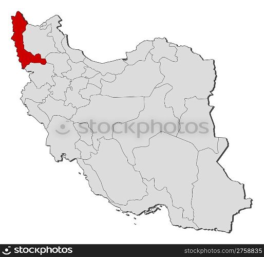 Map of Iran, West Azerbaijan highlighted. Political map of Iran with the several provinces where West Azerbaijan is highlighted.