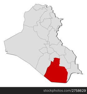 Map of Iraq, Al Muthanna highlighted. Political map of Iraq with the several governorates where Al Muthanna is highlighted.