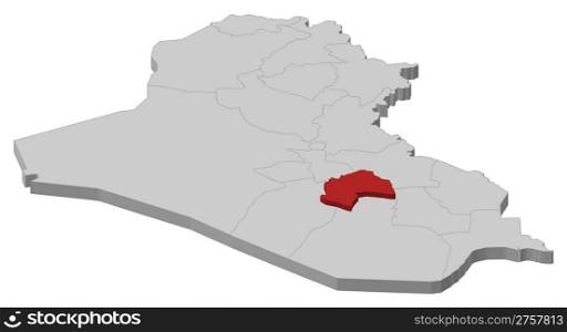 Map of Iraq, Al-Qadisiyyah highlighted. Political map of Iraq with the several governorates where Al-Qadisiyyah is highlighted.