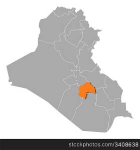 Map of Iraq, Al-Qadisiyyah highlighted. Political map of Iraq with the several governorates where Al-Qadisiyyah is highlighted.