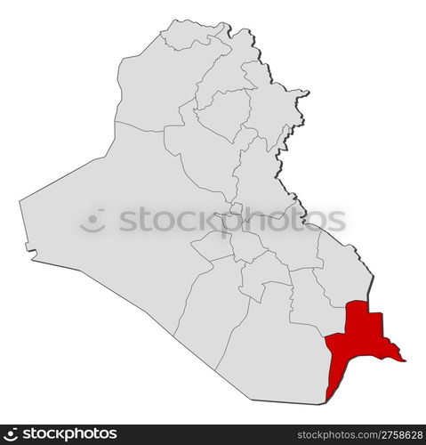 Map of Iraq, Basra highlighted. Political map of Iraq with the several governorates where Basra is highlighted.