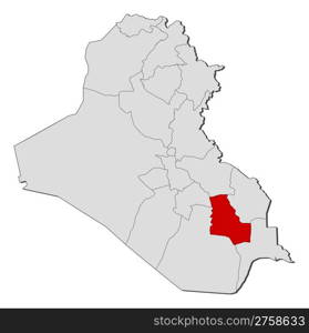 Map of Iraq, Dhi Qar highlighted. Political map of Iraq with the several governorates where Dhi Qar is highlighted.