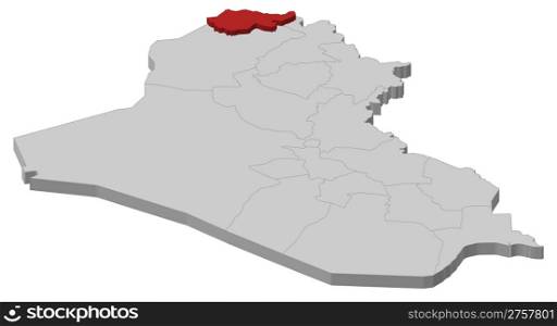 Map of Iraq, Dohuk highlighted. Political map of Iraq with the several governorates where Dohuk is highlighted.