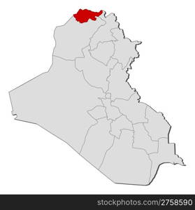 Map of Iraq, Dohuk highlighted. Political map of Iraq with the several governorates where Dohuk is highlighted.